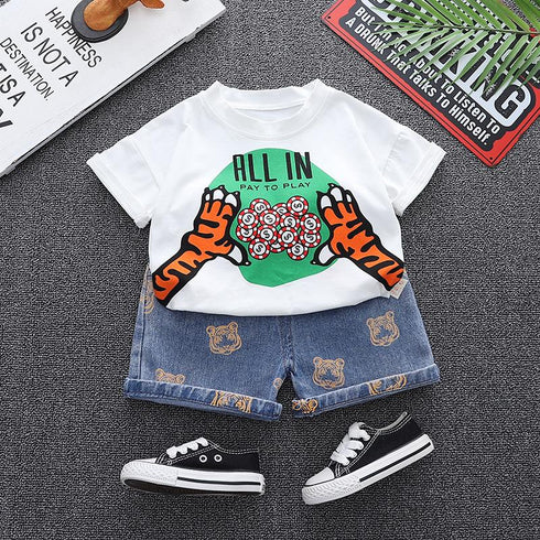 Round neck coin short sleeve suit boys' casual denim shorts two piece set